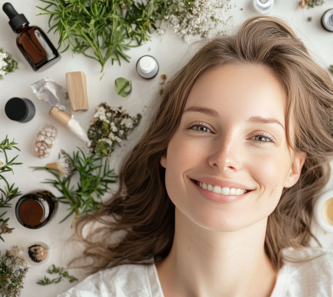 A happy woman is surrounded by various natural skincare products, including essential oils, herbs, and creams.